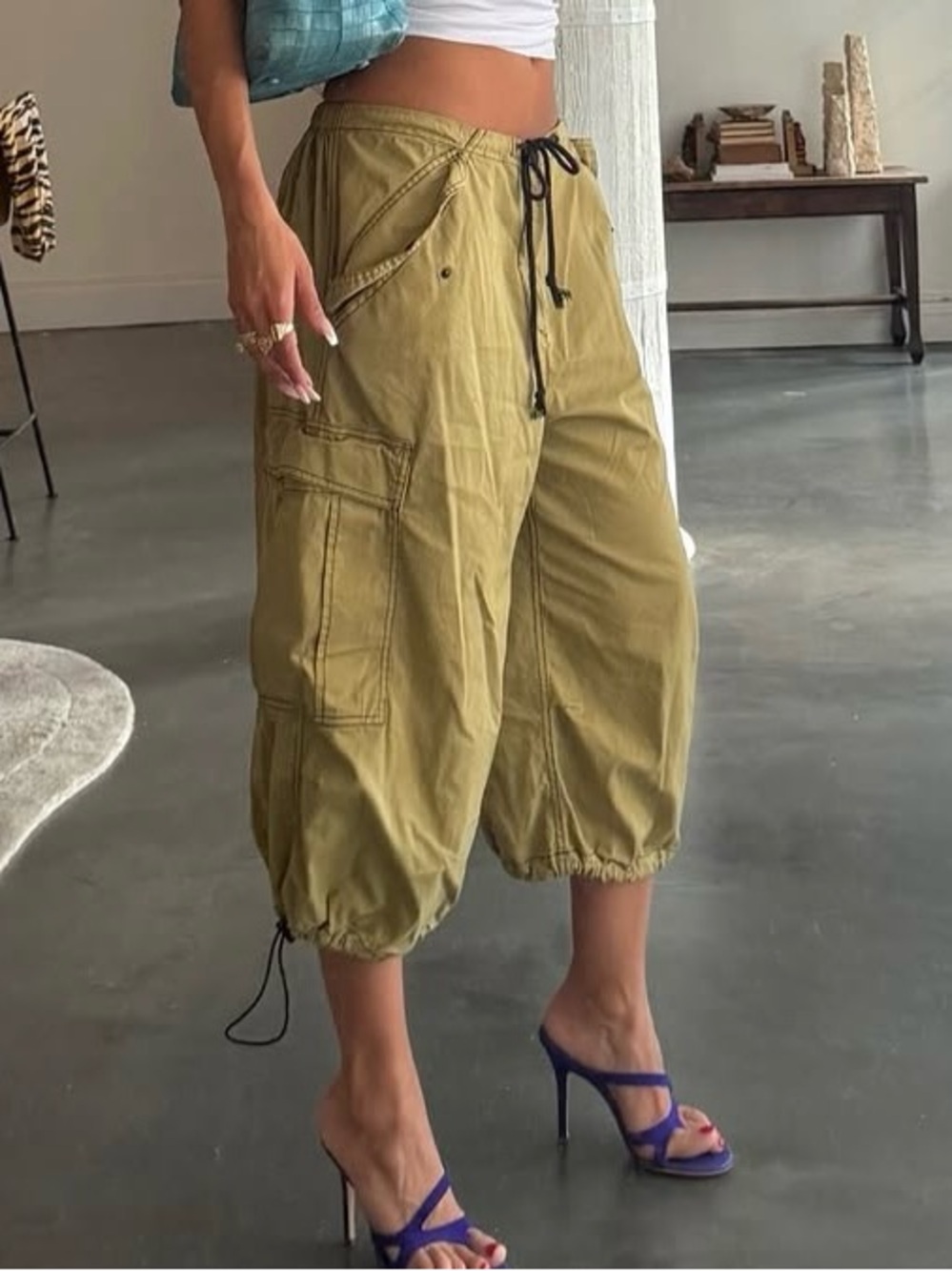 FP Canyon Crop Hike Pants Olive Cargo Drawstring Capris